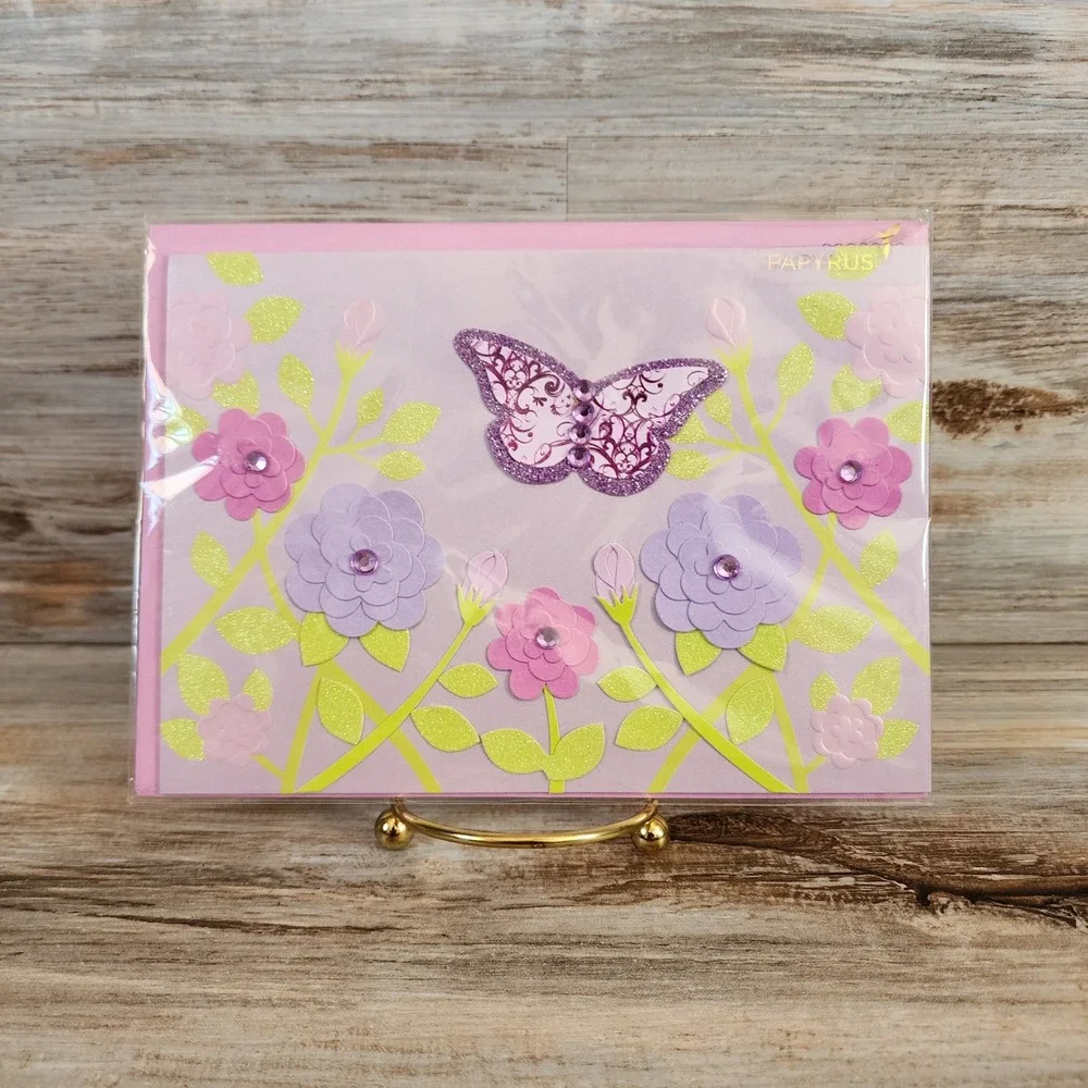 Papyrus Birthday Card Butterfly Flowers Glitter Gems Pink 05086612